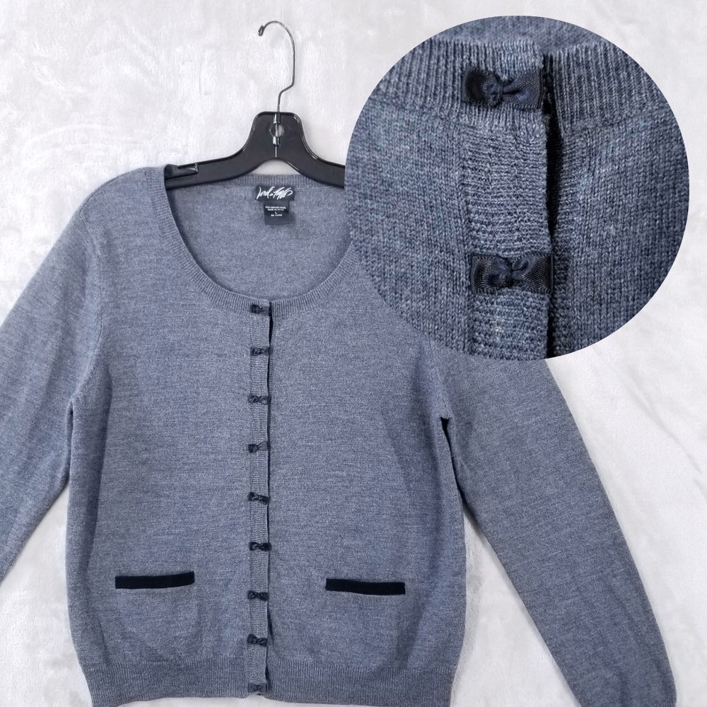 Lord & Taylor Cardigan Women L Gray 100% Merino Wool Bows Whimsigoth Twee Office